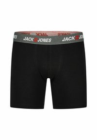 Zwarte boxershorts van zacht stof, met een grijze tailleband met rode "JACK & JONES" branding en een aansluitend ontwerp.