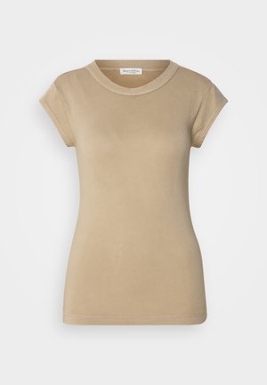Beige t-skjorte laget av myk bomull, med korte ermer, rund halslinje og en tettsittende fasong med rene søm detaljer.