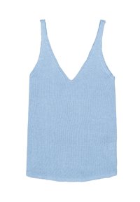 Top sin mangas de color azul claro con un diseño de escote en V profundo. Textura acanalada, tirantes delgados y bajo recto. Estilo simple y minimalista.