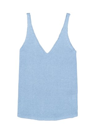 Hellblaues Tanktop mit tiefem V-Ausschnitt. Rippstruktur, schmale Träger und gerader Saum. Schlichter und minimalistischer Stil.