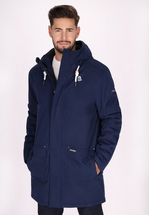 Navy blue parka jacket with a hood, zippered front, adjustable drawstrings, and two front pockets. Polyester fabric with smooth texture.