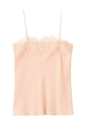 Camiseta sin mangas de color rosa pálido con tirantes finos y encaje en el borde del escote recto, hecha de tela suave.