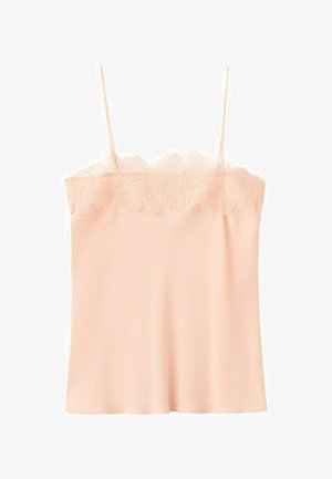 Camiseta sin mangas de color rosa pálido con tirantes finos y encaje en el borde del escote recto, hecha de tela suave.