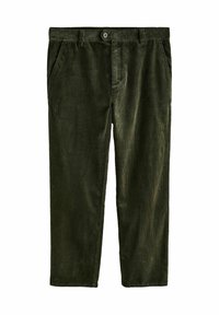 Green corduroy trousers with vertical ribbing, front pockets, and a button closure. The fabric has a soft texture and a slightly shiny finish.