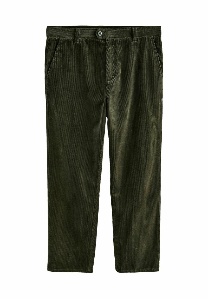 Green corduroy trousers with vertical ribbing, front pockets, and a button closure. The fabric has a soft texture and a slightly shiny finish.