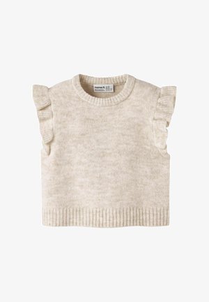 Krämfärgad stickad tröja med korta volangärmar och ribbad nederkant. Mjuk textur med en något melerad look.