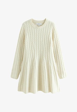 Pull en tricot couleur crème avec une texture côtelée et un motif en maille torsadée. Il possède des manches longues et un ourlet évasé, en matériau doux.