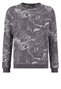 Lange mouwen sweatshirt met ronde hals in een donkergrijs en witte draaiende marmeren patroon en geribde manchetten en zoom.