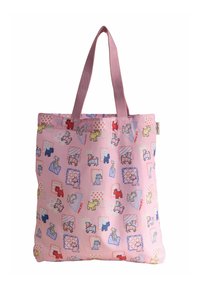 Rosa tote-väska tillverkad av slitstarkt material, med färgglada hundillustrationer och geometriska mönster. Inkluderar rosa handtag för enkel bärning.