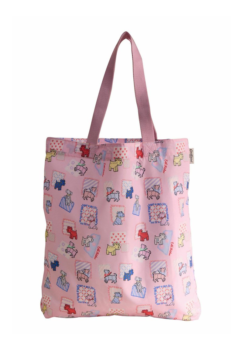 Rosa tote-väska tillverkad av slitstarkt material, med färgglada hundillustrationer och geometriska mönster. Inkluderar rosa handtag för enkel bärning.