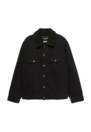 Jachetă din denim negru cu guler faux shearling, închidere cu nasturi, două buzunare la piept și buzunare laterale. Croială largă, relaxată.
