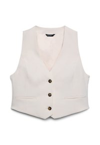 Weiße ärmellose Weste mit tiefem V-Ausschnitt, ausgestattet mit vier dunklen Knöpfen und zwei Seitentaschen, gefertigt aus glattem Stoff mit leichtem Glanz.