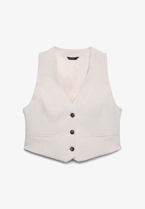 Weiße ärmellose Weste mit tiefem V-Ausschnitt, ausgestattet mit vier dunklen Knöpfen und zwei Seitentaschen, gefertigt aus glattem Stoff mit leichtem Glanz.
