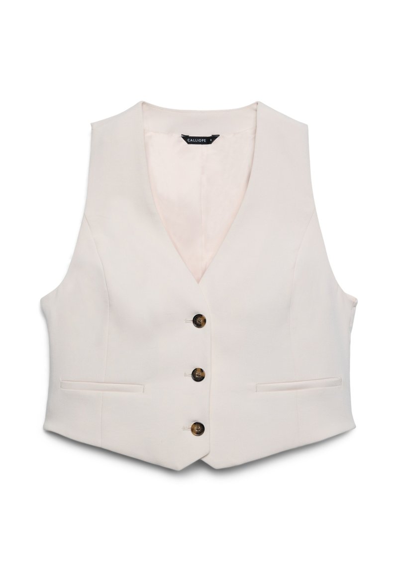 Weiße ärmellose Weste mit tiefem V-Ausschnitt, ausgestattet mit vier dunklen Knöpfen und zwei Seitentaschen, gefertigt aus glattem Stoff mit leichtem Glanz.