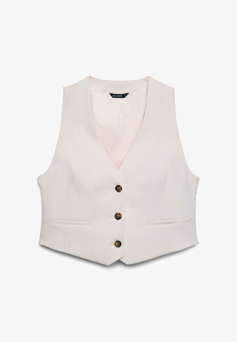 Weiße ärmellose Weste mit tiefem V-Ausschnitt, ausgestattet mit vier dunklen Knöpfen und zwei Seitentaschen, gefertigt aus glattem Stoff mit leichtem Glanz.