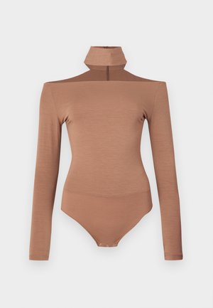 Brown long-sleeve bodysuit with a high collar, featuring a zip closure and a fitted design. Smooth texture, offering a seamless silhouette.