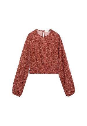 Rote, kurze Bluse mit langen Puffärmeln, die ein aufwendiges florales Muster und einen Schlüssellochverschluss im Rücken aufweist. Hergestellt aus leichtem Stoff.