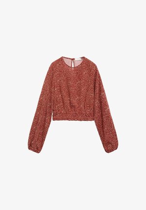 Czerwony krótki top z długimi bufkami, zdobiony misternym kwiatowym wzorem i zapięciem z tyłu w kształcie dziurki. Wykonany z lekkiego materiału.