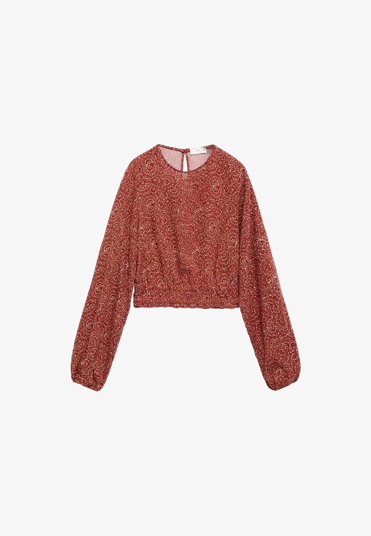 Blusa rossa corta con maniche lunghe a sbuffo, caratterizzata da un intricato motivo floreale e chiusura a occhio di bue sul retro. Realizzata in tessuto leggero.
