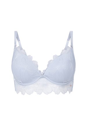 Lichtblauwe bh met bloemenborduursels, doorschijnende bovenste cups, golvende randen en verstelbare bandjes voor ondersteuning en stijl.