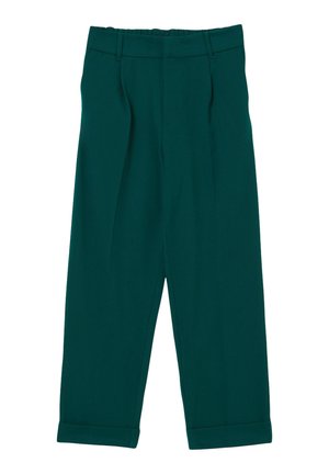 Pantaloni tapered in teal con un tessuto texturizzato, caratterizzati da una parte frontale plissettata, una vita larga e risvolti sul fondo.