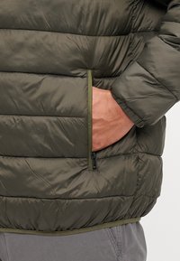 Grüne Steppjacke mit gesteppter Optik, ausgestattet mit einer Reißverschlusstasche an der Seite und elastischen Bündchen, aus einem glänzenden Synthetikmaterial gefertigt.