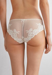 Lace-trimmed brief i ljusbeige, med en rutor design och blommiga accenter. Mjuk, genomskinlig textur och scalloped kanter förbättrar designen.