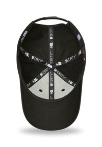Black baseball cap with a structured shape, featuring a light gray interior. Inside, it has branded black labels and ventilation eyelets.