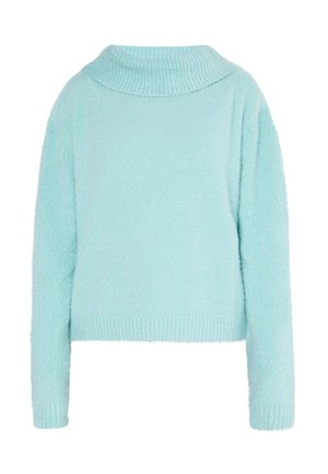 Hellblauer, flauschiger Pullover mit hohem, geripptem Kragen, langen Ärmeln und lockerer Passform. Verfügt über eine strukturierte Oberfläche und einen gerippten Saum.