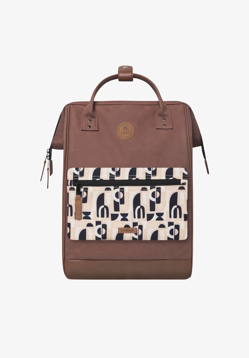 Brown backpack with a textured finish, featuring a patterned cream front pocket and leather accents, zip closure, and dual handles.
