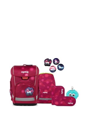 Red school backpack set with unicorn patches, matching drawstring bag, pencil case, wallet, and blue fluffy keychain with eyes.