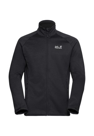 Schwarze Fleecejacke mit hohem Kragen, durchgehendem Reißverschluss, seitlichen Taschen und kontrastierendem Schulterpaneeldesign. Mit Logo auf der linken Brust.