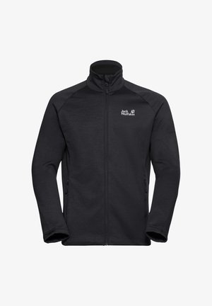 Giacca in pile nera con colletto alto, zip a tutta lunghezza, tasche laterali e design con pannello spalla a contrasto. Presenta il logo sul lato sinistro del petto.