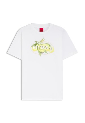 Weißes T-Shirt mit kurzen Ärmeln und rundem Hals, mit grünen Blättern und gelben Zitronen sowie dem Text "Italia Riviera Portofino Hugo" auf der Vorderseite.