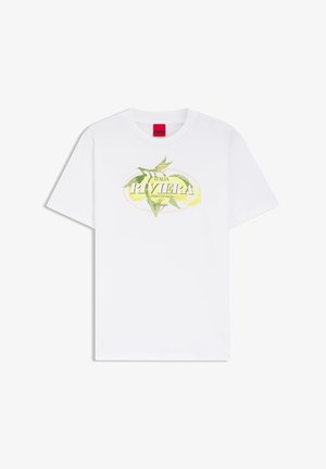 Valge lühikeste varrukatega T-särk ümar kaelusega, millel on rohelised lehed ja kollased sidrunid ning ees tekst "Italia Riviera Portofino Hugo".