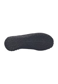 Semelle de chaussure en caoutchouc noir avec des motifs de texture, comportant une empreinte de logo. Design plat et durable adapté à différents terrains.