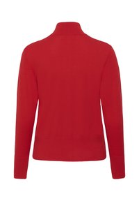 Pulover roșu cu mâneci lungi și guler înalt, confecționat dintr-o țesătură fină tricotată. Are tiv drept și mâneci mulate. Fără modele vizibile.