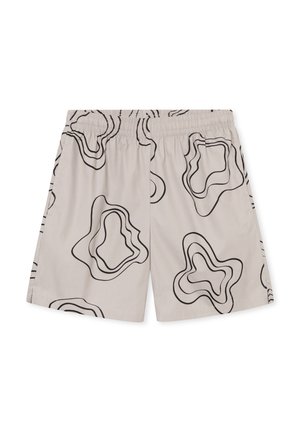 Shorts i lys beige stof med sorte abstrakte linjemønstre. Har en elastisk talje og en afslappet pasform. Ren, glat tekstur.
