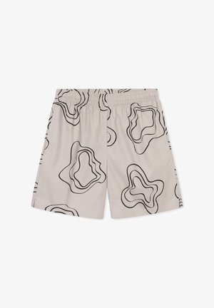 Szorty w jasnobeżowym materiale z czarnymi abstrakcyjnymi wzorami linii. Posiadają elastyczny pas i luźny krój. Czysta, gładka tekstura.