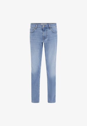 Svijetloplave traperice s ravnim krojem, suptilnim izbljeđivanjem, pet džepova i kopčanjem na struku s mesinganim dugmetom.