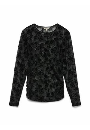 Crna bluza s dugim rukavima od tkanine s teksturom i cvjetnim uzorkom, s okruglim izrezom i opuštenim krojem.
