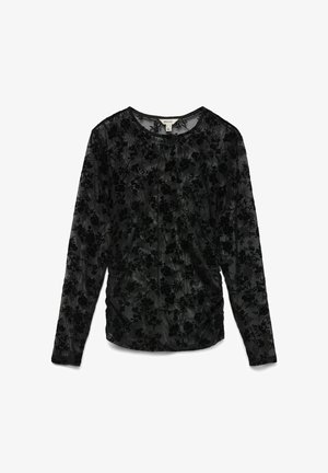Crna bluza s dugim rukavima od tkanine s teksturom i cvjetnim uzorkom, s okruglim izrezom i opuštenim krojem.