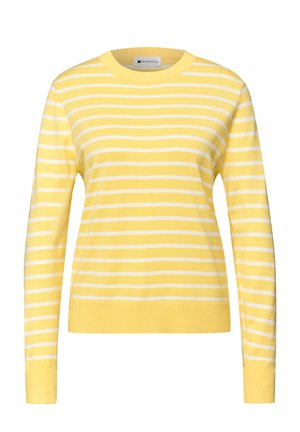 Geel-wit gestreepte trui met lange mouwen, ronde hals en geribbelde manchetten. Gemaakt van zacht materiaal voor comfort.