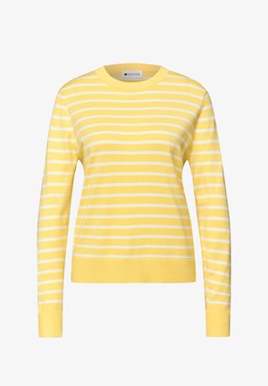 Geel-wit gestreepte trui met lange mouwen, ronde hals en geribbelde manchetten. Gemaakt van zacht materiaal voor comfort.