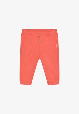 Pantaloni color corallo realizzati in tessuto morbido, con una cintura elastica e due bottoni decorativi sul davanti. Design corto con orli rifiniti.