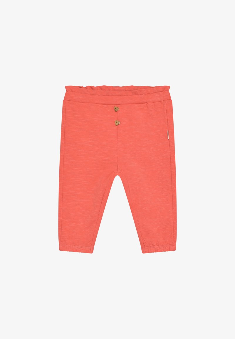 Pantalon de couleur corail en tissu doux, doté d'une ceinture extensible et de deux boutons décoratifs à l'avant. Coupe courte avec ourlets finis.