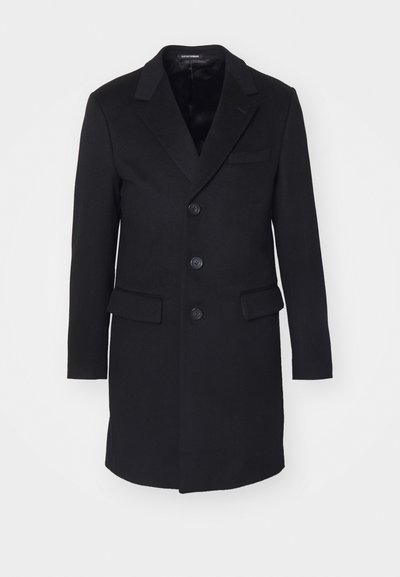Abrigo de lana negra con solapa muesca, diseño de un solo botón, cinco botones, dos bolsillos frontales y forro interior suave.
