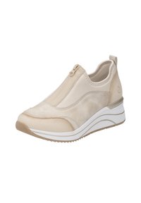 Scarpa sportiva beige senza lacci con tomaia testurizzata, chiusura con zip e suola in piattaforma bianca. Presenta pannelli lisci e testurizzati.