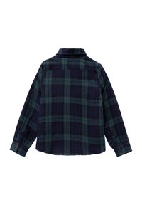 Camicia in flanella a quadri blu navy scuro e verde foresta, con colletto classico, maniche lunghe e polsini con bottoni. Morbido al tatto, vestibilità rilassata.
