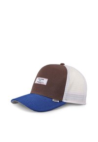 Brown mesh baseball cap with a blue bill. Features a white back panel and a tag on the front. Texture varies between panels.